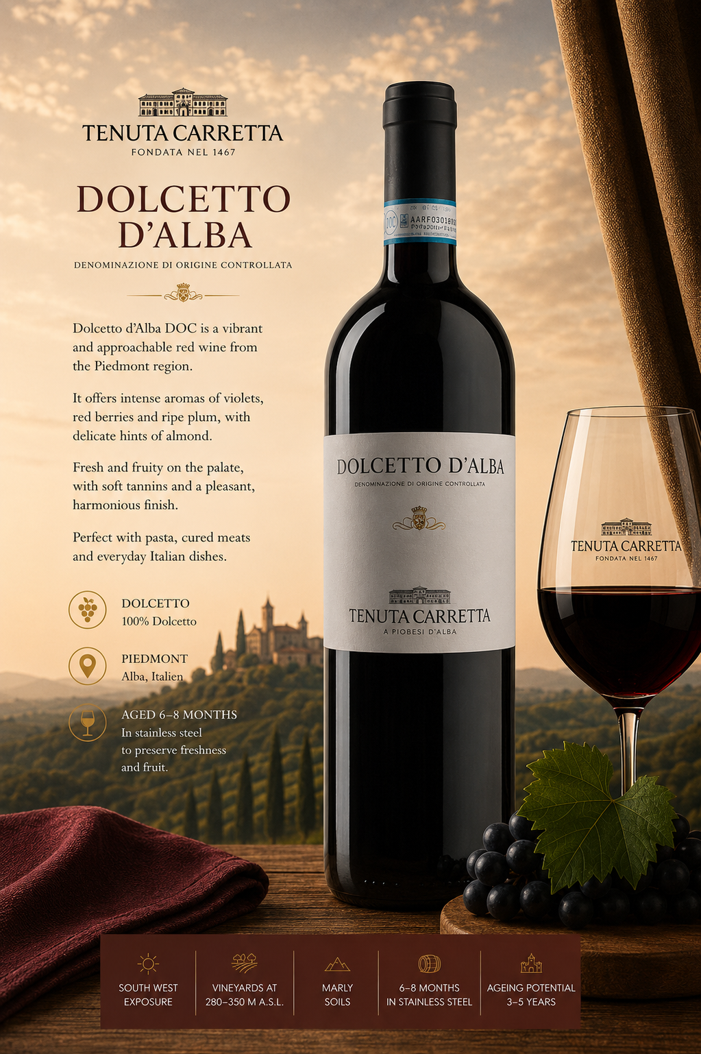 Wein, Rotwein, Dolcetto d'Alba, Flasche, Glaswein