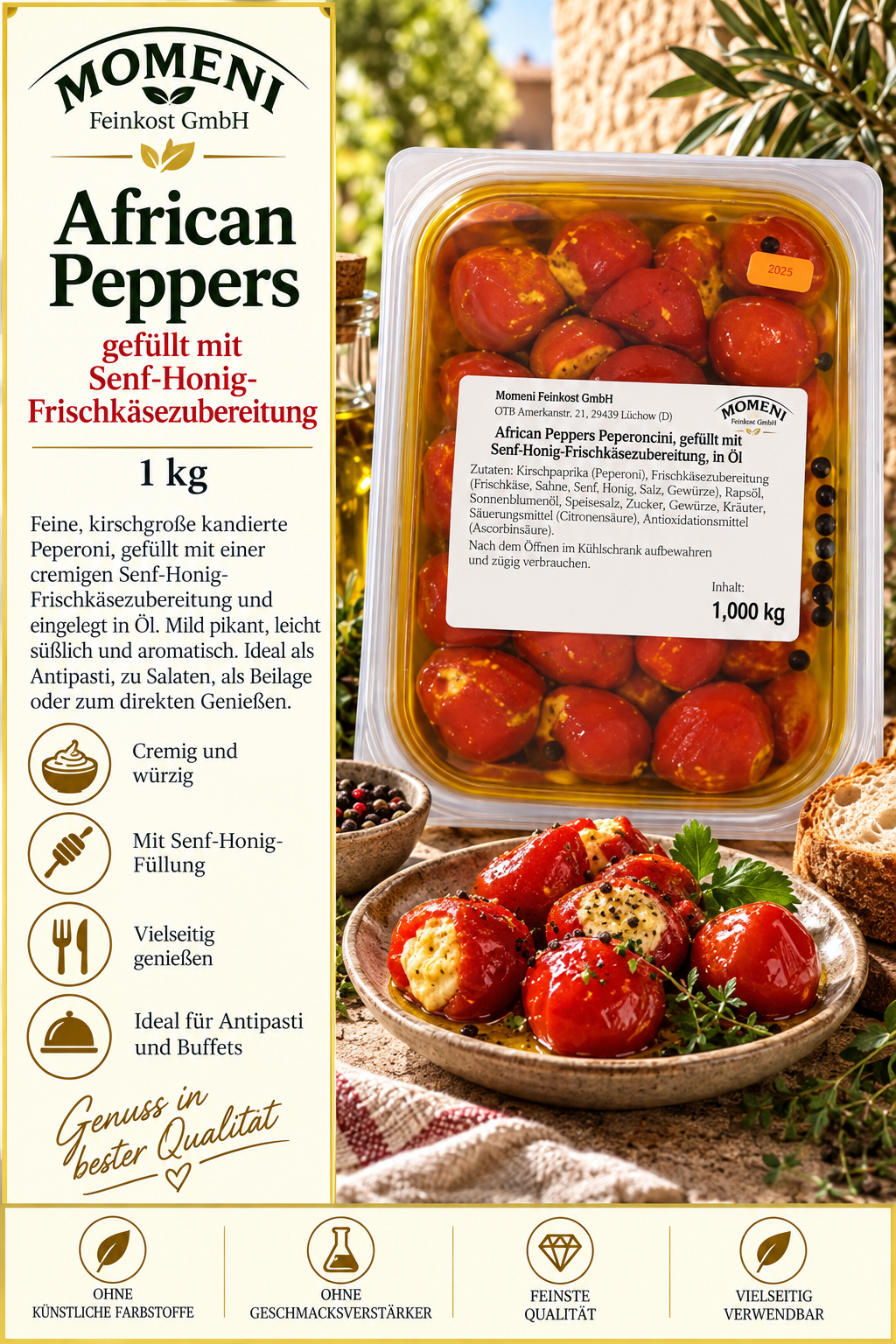 Afrikanische Paprika, gefüllt mit Senf-Honig, 1 kg, Paprika mit Füllung, Senf-Honig-Füllung