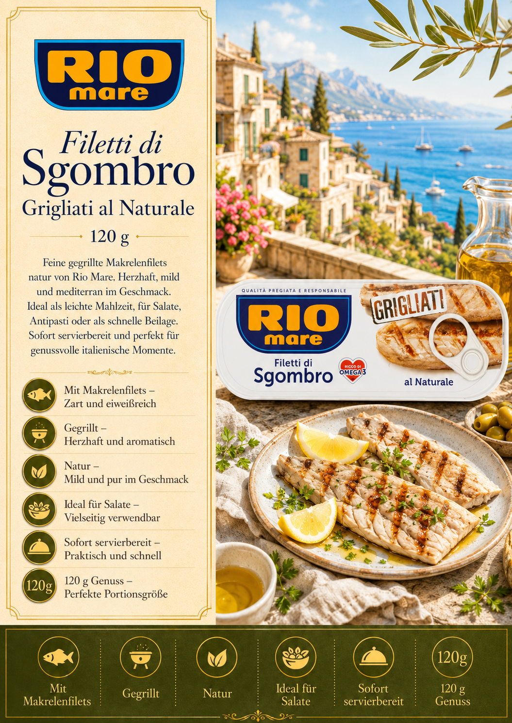 Meeresfisch, Filetti di Sgombro, Grillierte Makrele, Konserve, 120 g