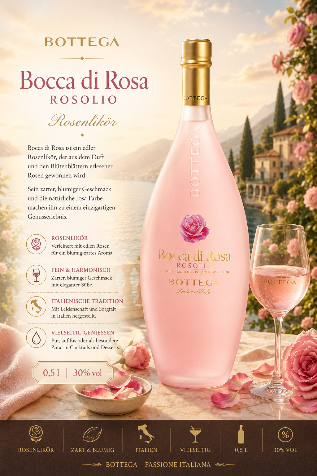 Roselikör, Rosa Likör, Rosé Likör, Bottiga Rosa, Likörflasche