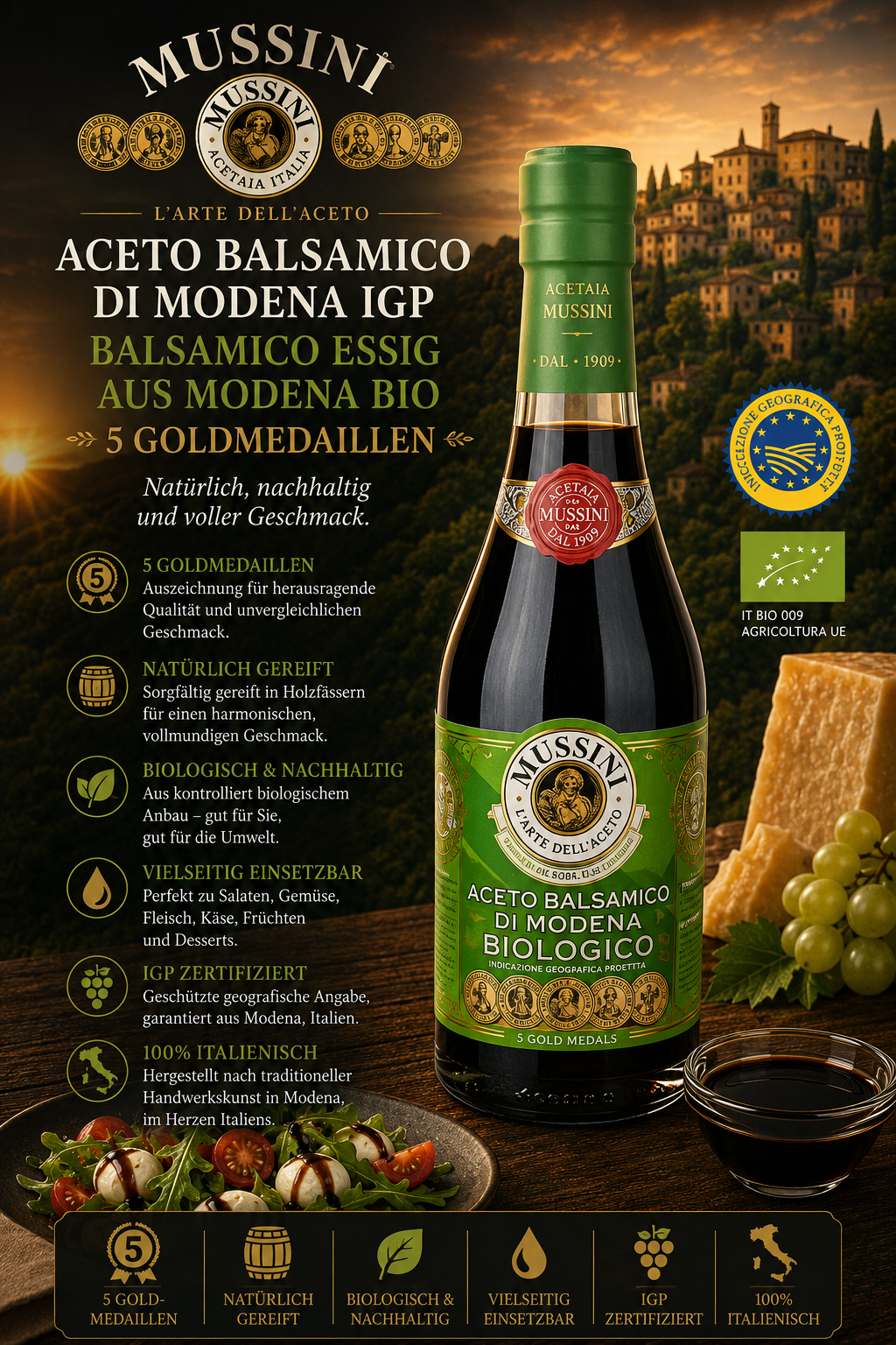 Aceto balsamico, Modena, Biologisch, Glasflasche, Grüner Verschluss