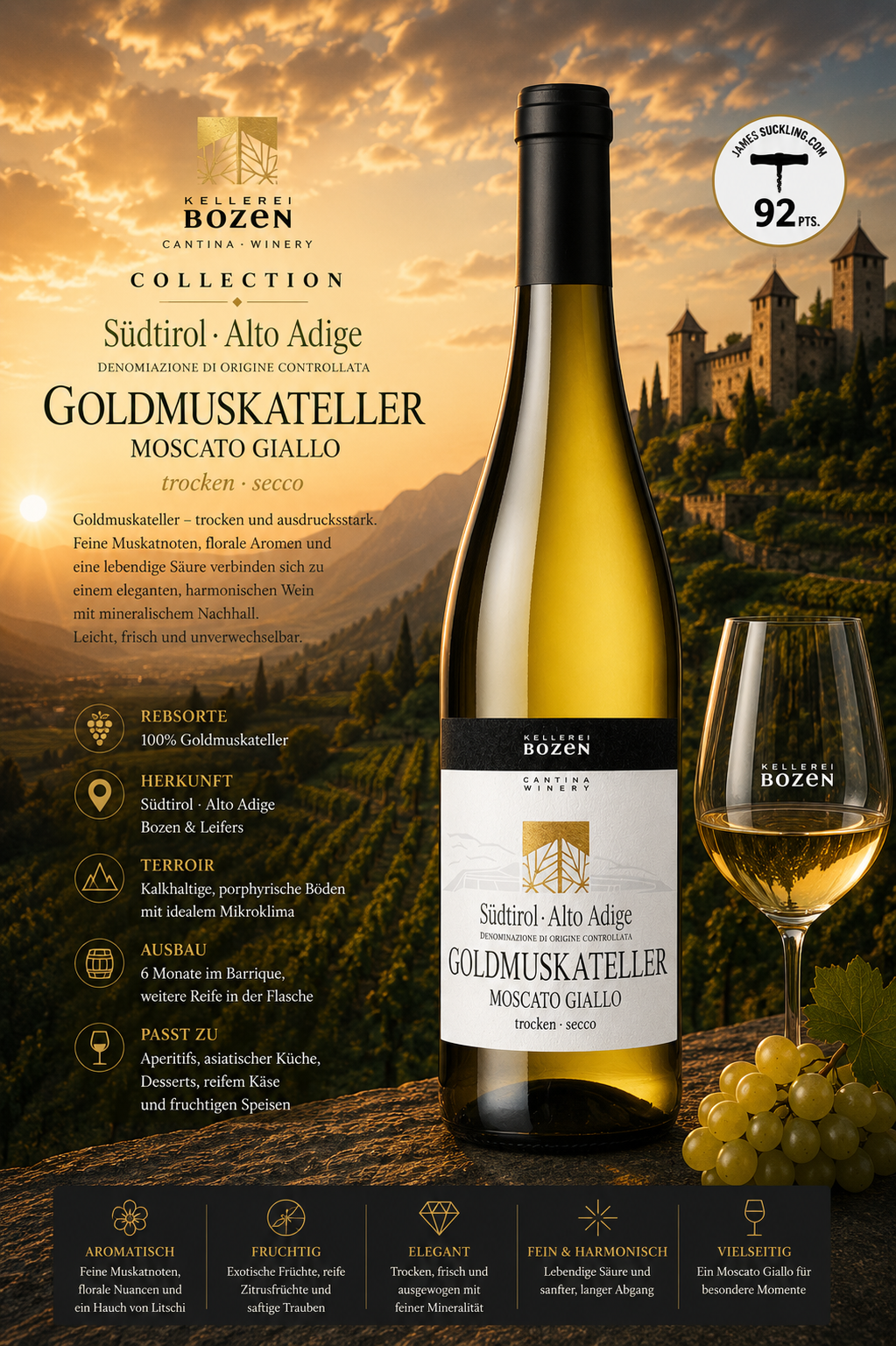wein, moscato, goldmuskateller, flasche, glas