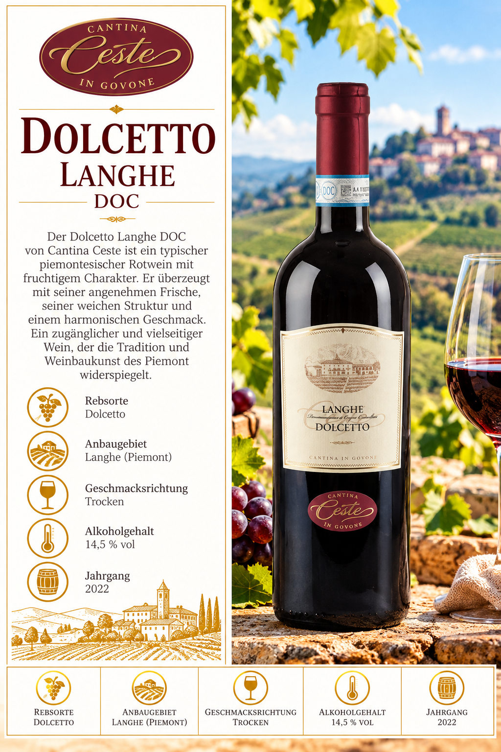 Rotwein, Dolcetto, Langhe, Italienischer Wein, Alkohol 14,5% vol