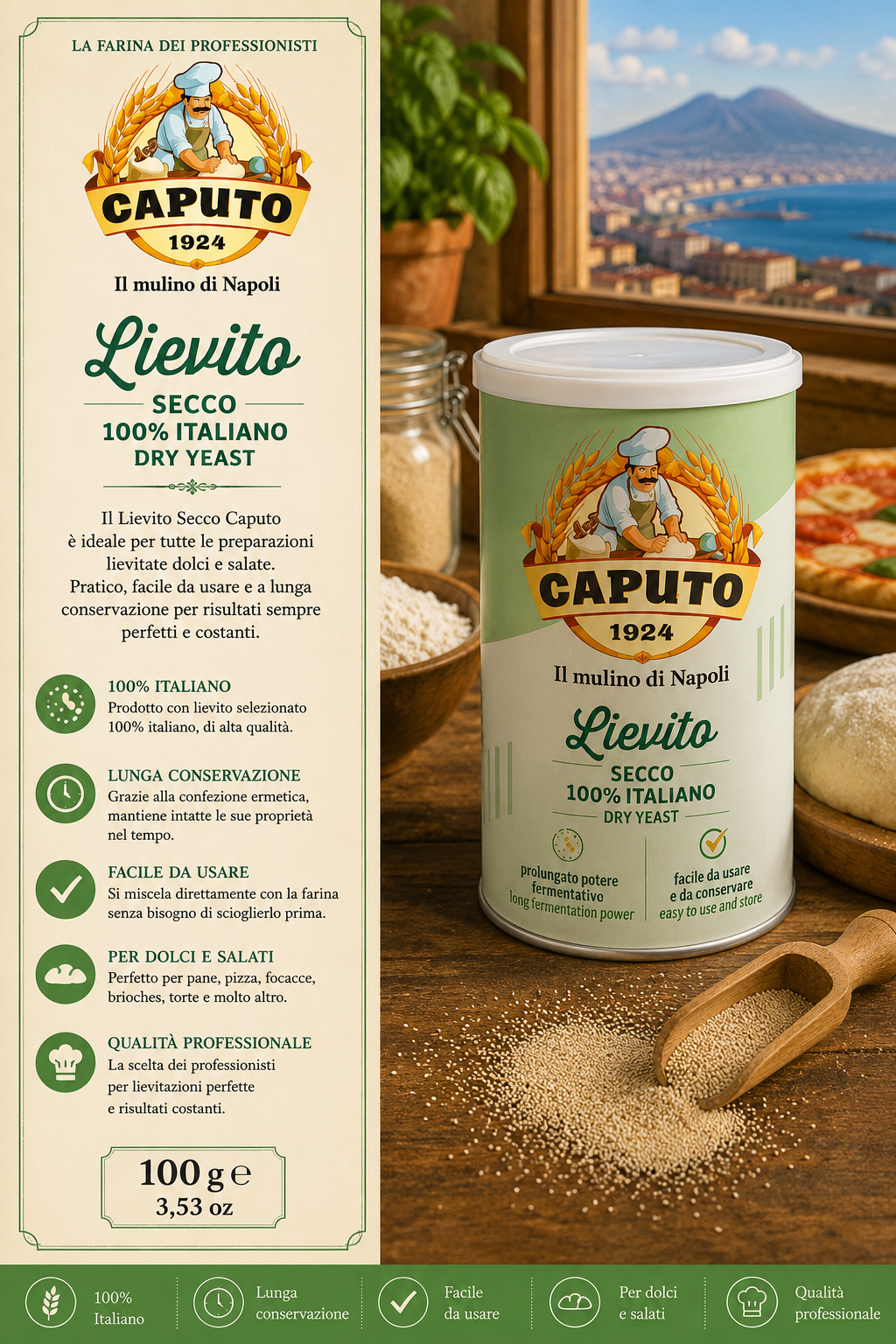 Trockenhefe, Hefebehälter, Italienische Hefe, Backzutaten, Caputo Marke Etikett