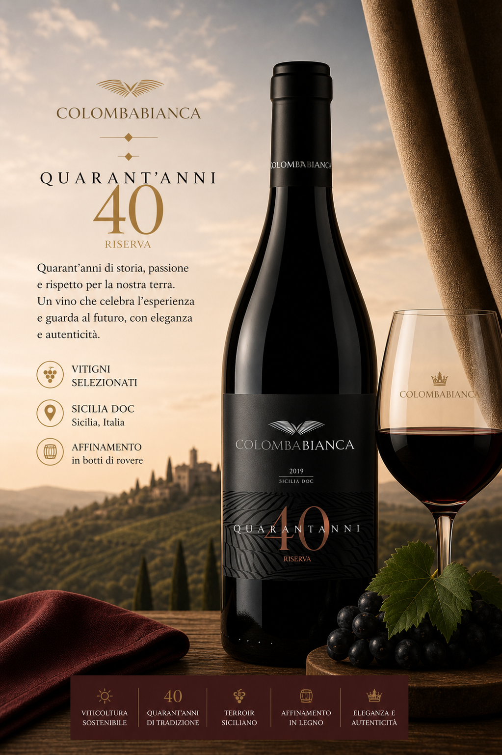 Rotwein, Weinflasche, Quarantanni 40, Sicilia DOC, Glas Wein