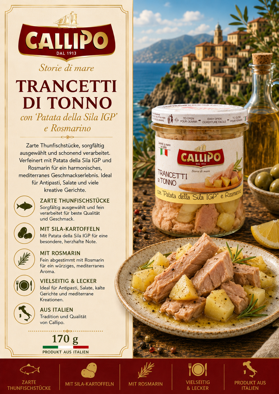 Thunfischstücke, Trancetti, Patata della Sila, Rosmarin, Italienische Herkunft