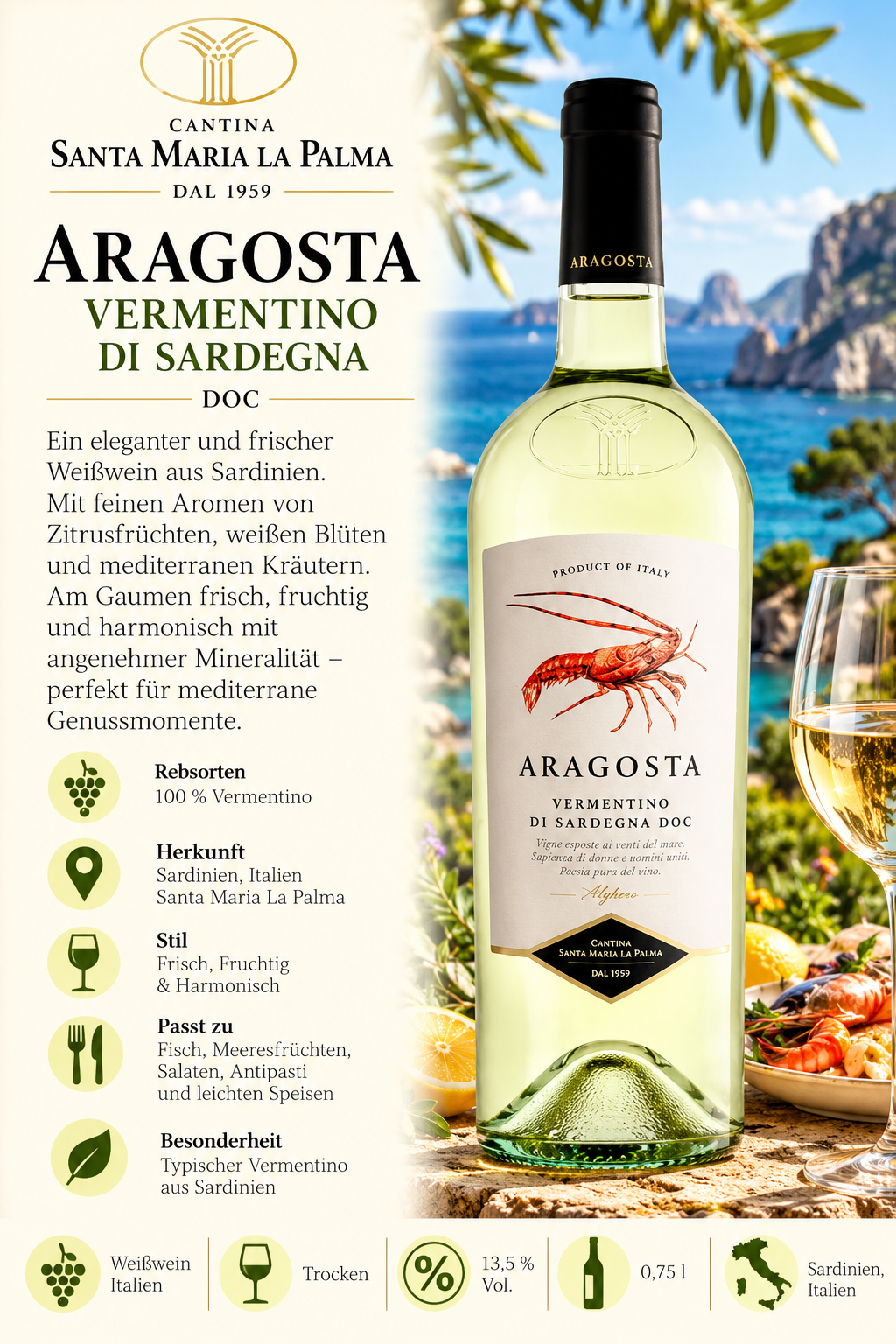Vermentino, Sardegna, Weißwein, Flasche, Aragosta
