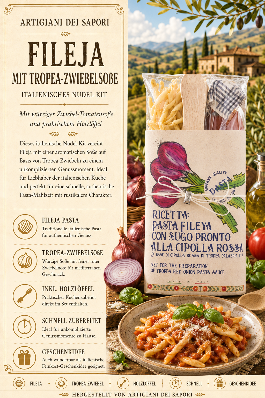pasta, fileja, italienische pasta, zwiebelsoße, holzlöffel