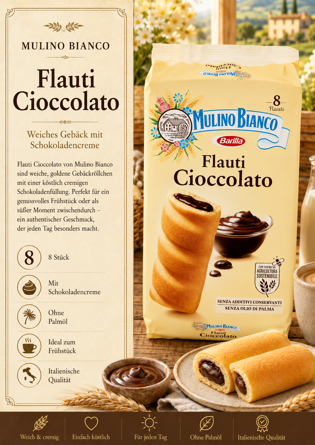 Flauti, Cioccolato, Gebäck, Schokoladencreme, Palmenölfrei