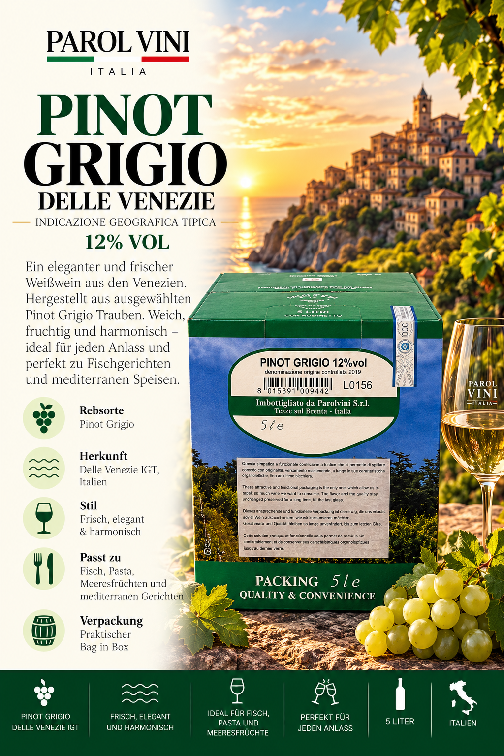 pinot grigio, weisswein, italien, 5l verpackung, flaschengröße 5l