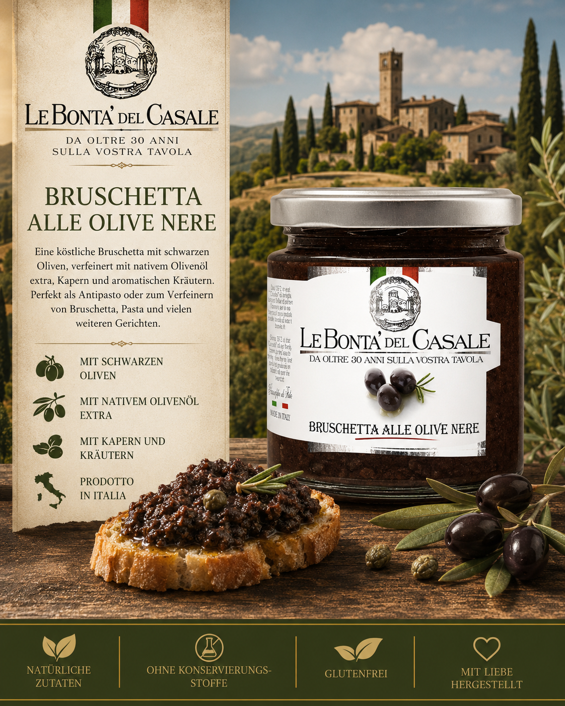 Bruschetta, Olivenpaste, Oliven, Glasjar, Italienisch
