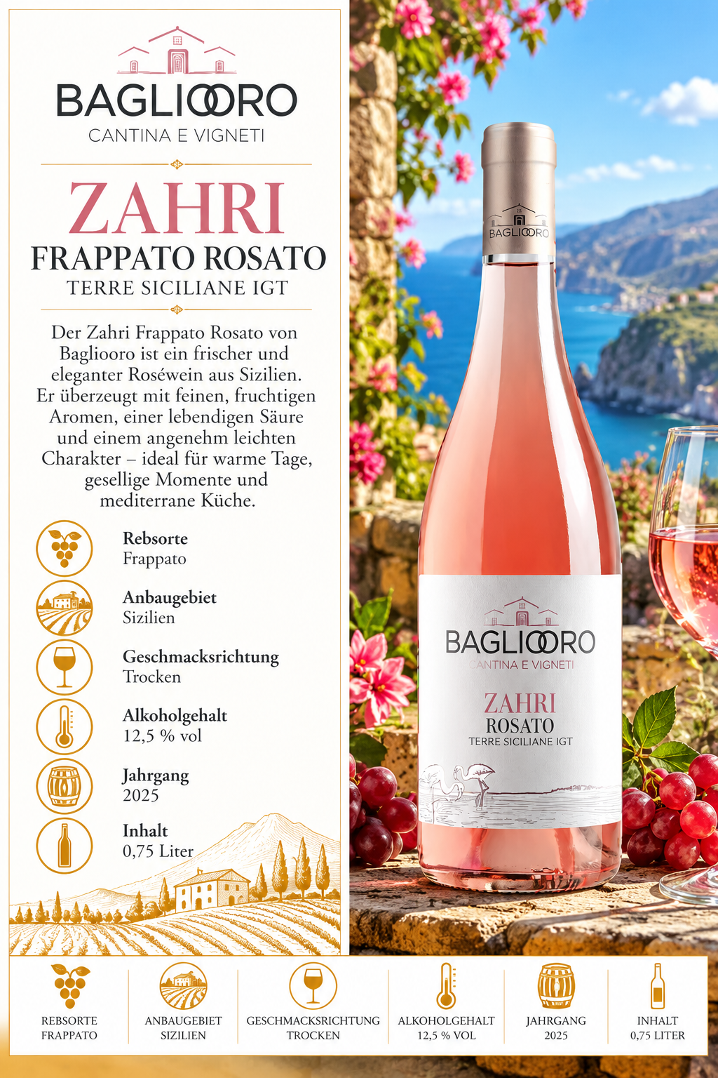 Rosé, Zahri Rosato, Terre Siciliane IGT, Alkoholgehalt 12,5%, Inhalt 0,75 Liter