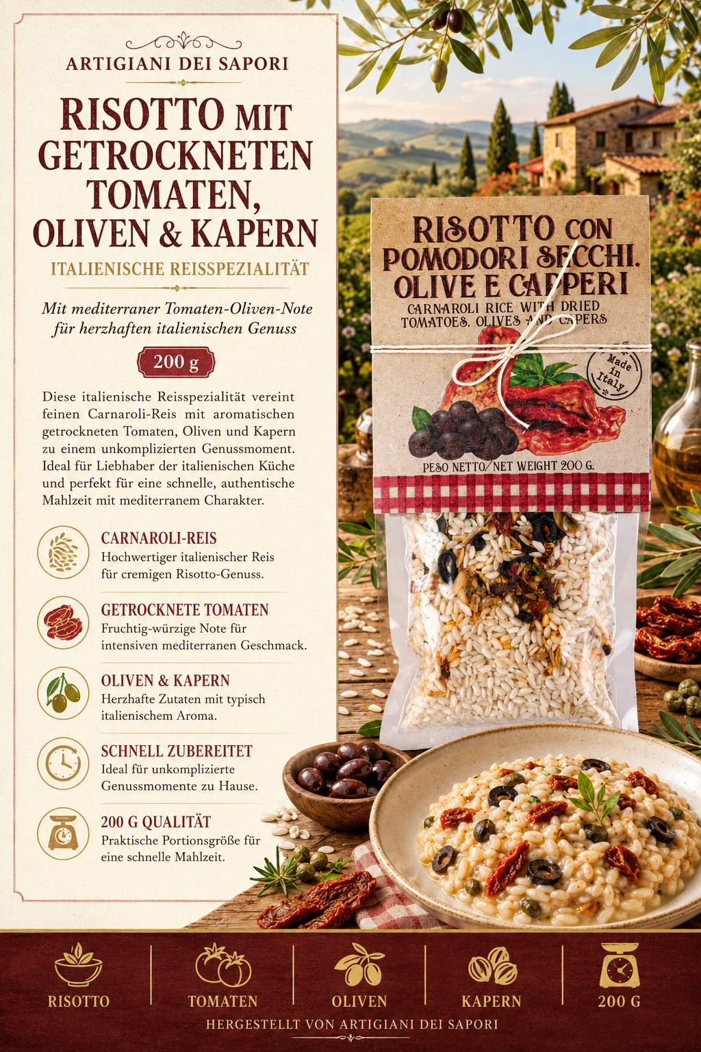 risotto, getrocknete tomaten, oliven, kapern, reispaket