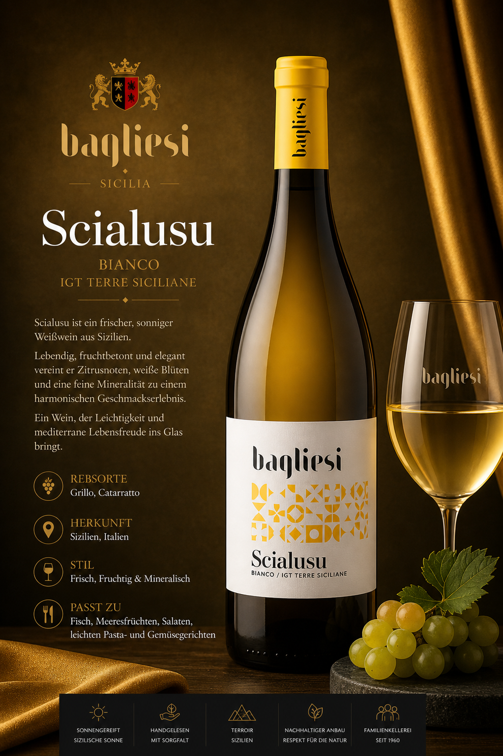 Weißwein, Scialusu, Sicilia, Bianco, Weinflasche