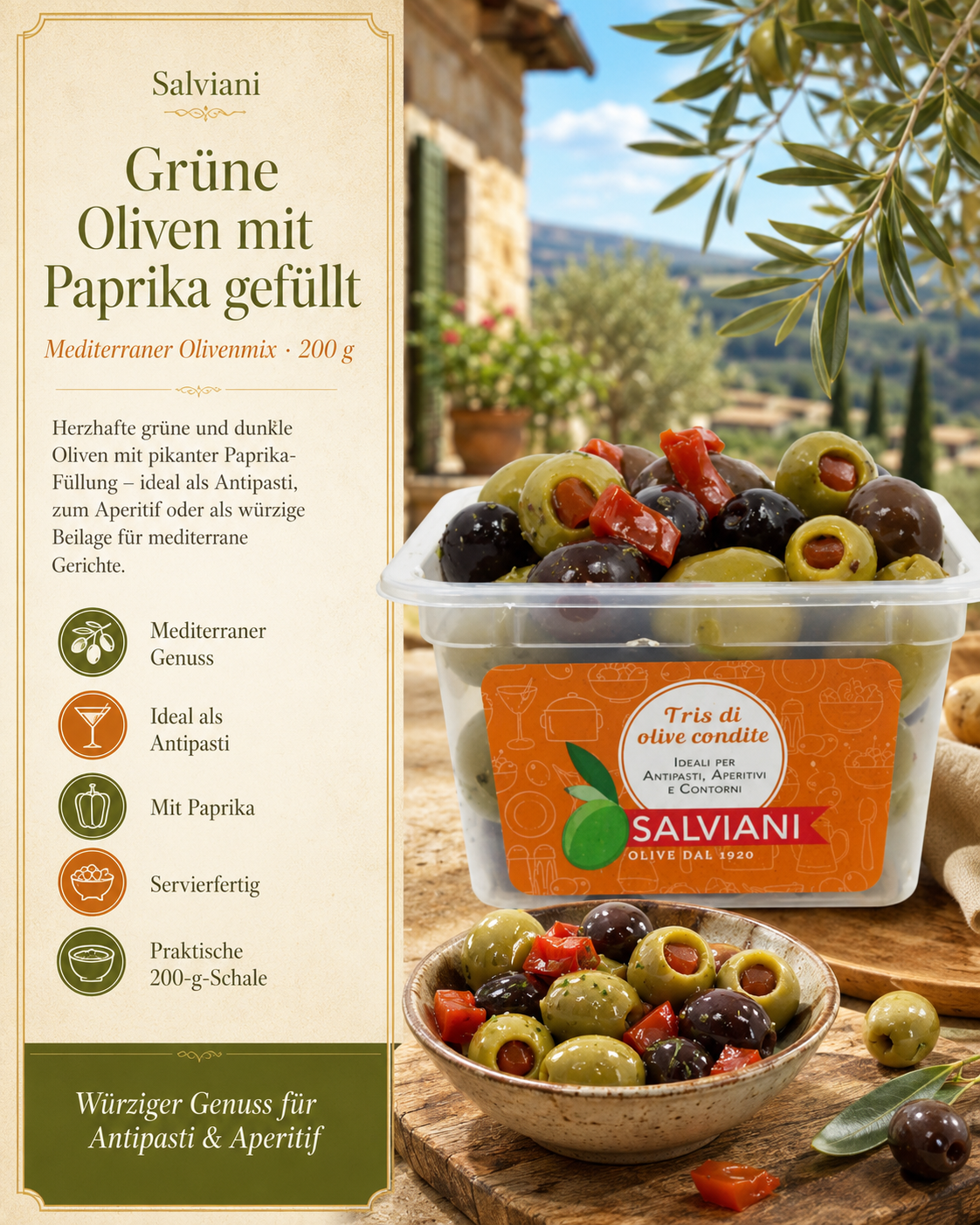 Oliven, Grüne Oliven, Paprika-Füllung, Antipasti, Mediterraner Mix