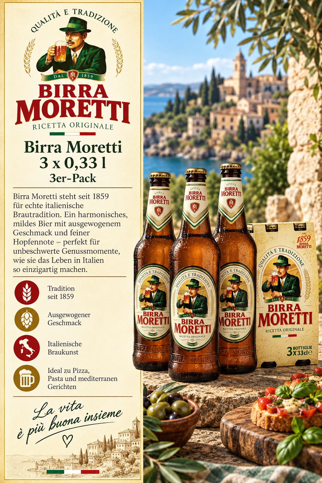 Birra Moretti, 3x0.33l, Bier, Verpackung, Bottles