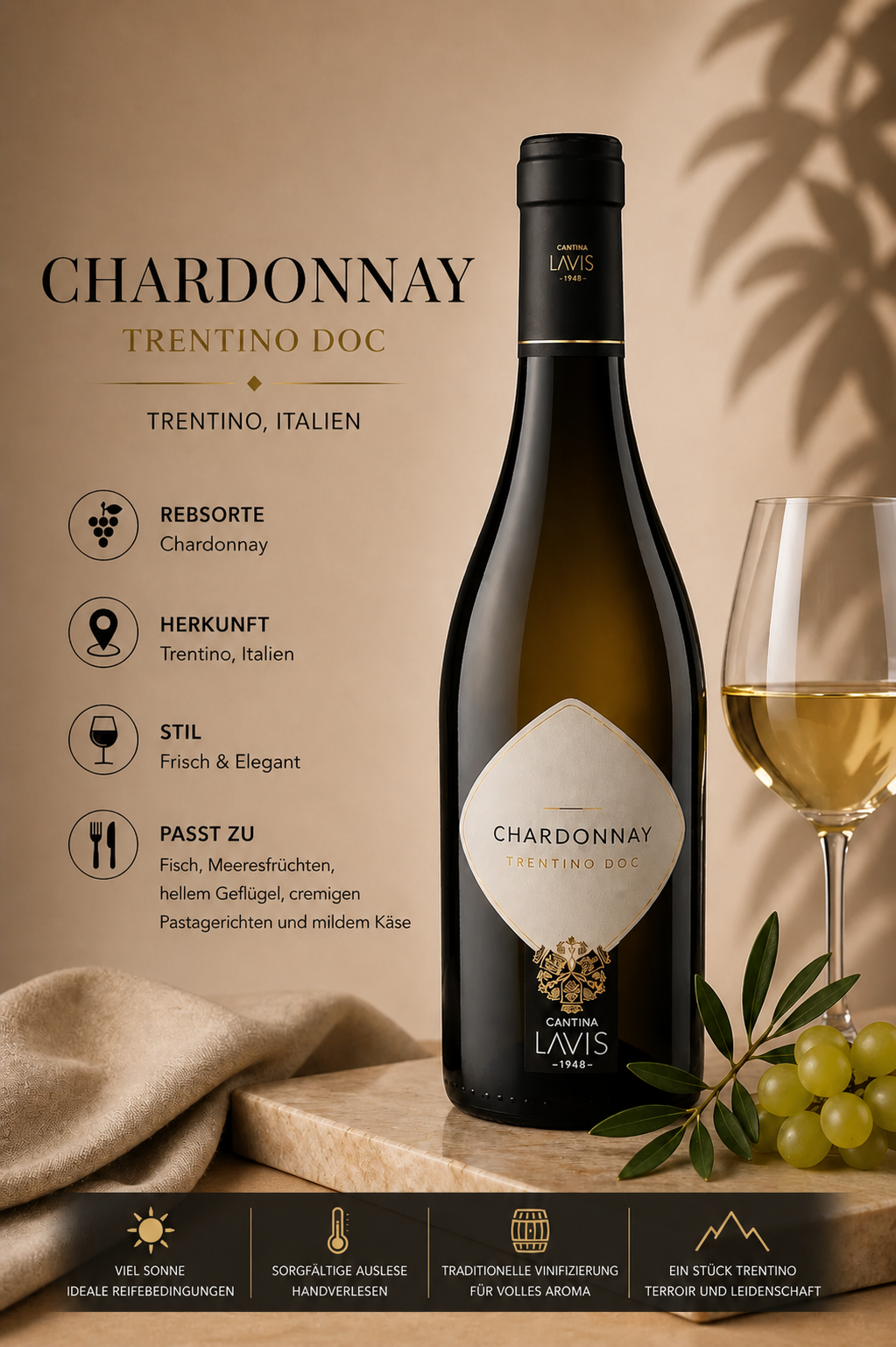 weisswein, chardonnay, flasche, glaswein, trentino