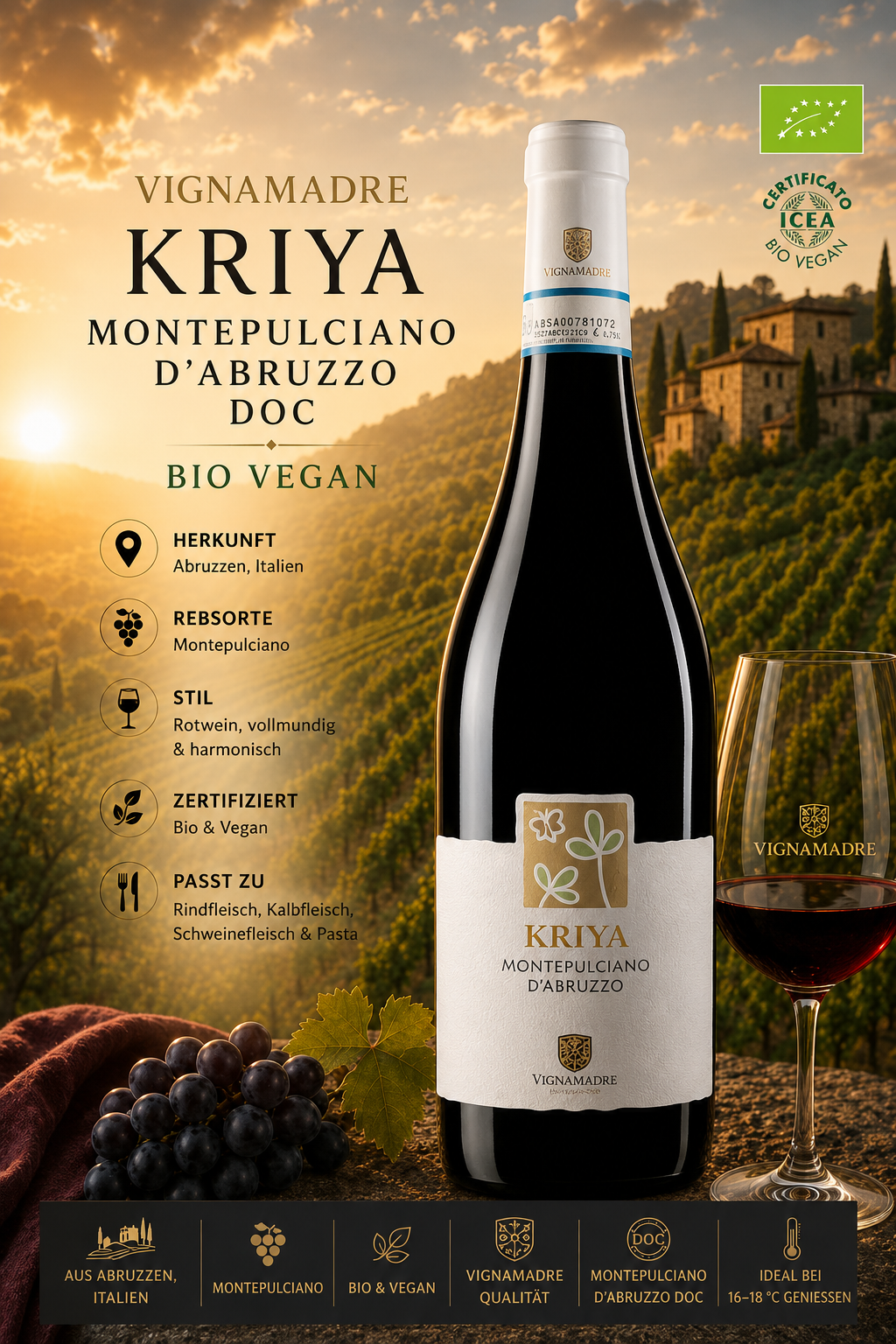 Wein, Rotwein, Montepulciano, Bio vegan, KRIYA