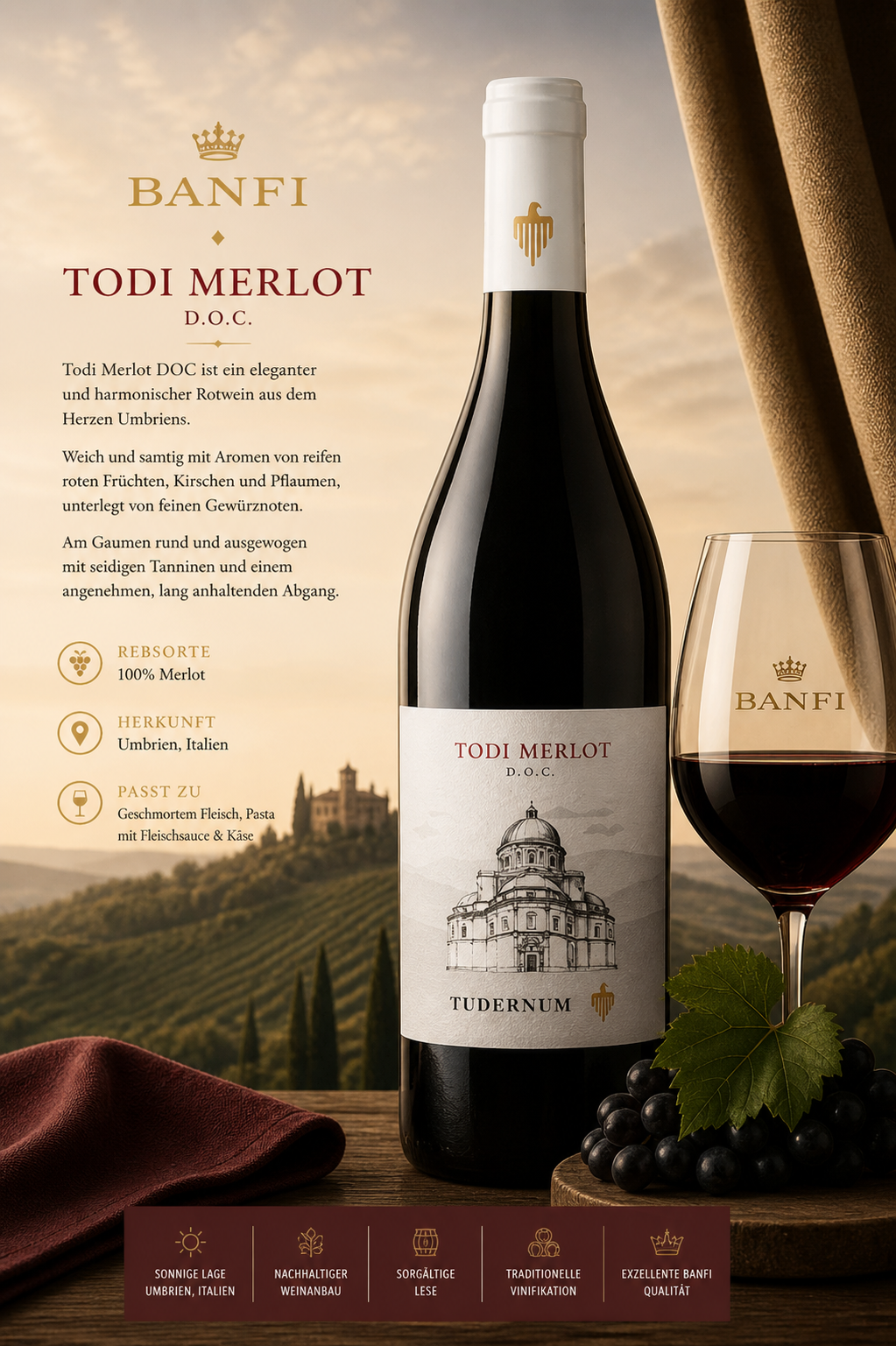 Merlot, Flasche Wein, Rotwein, Todi Merlot, Weinglas