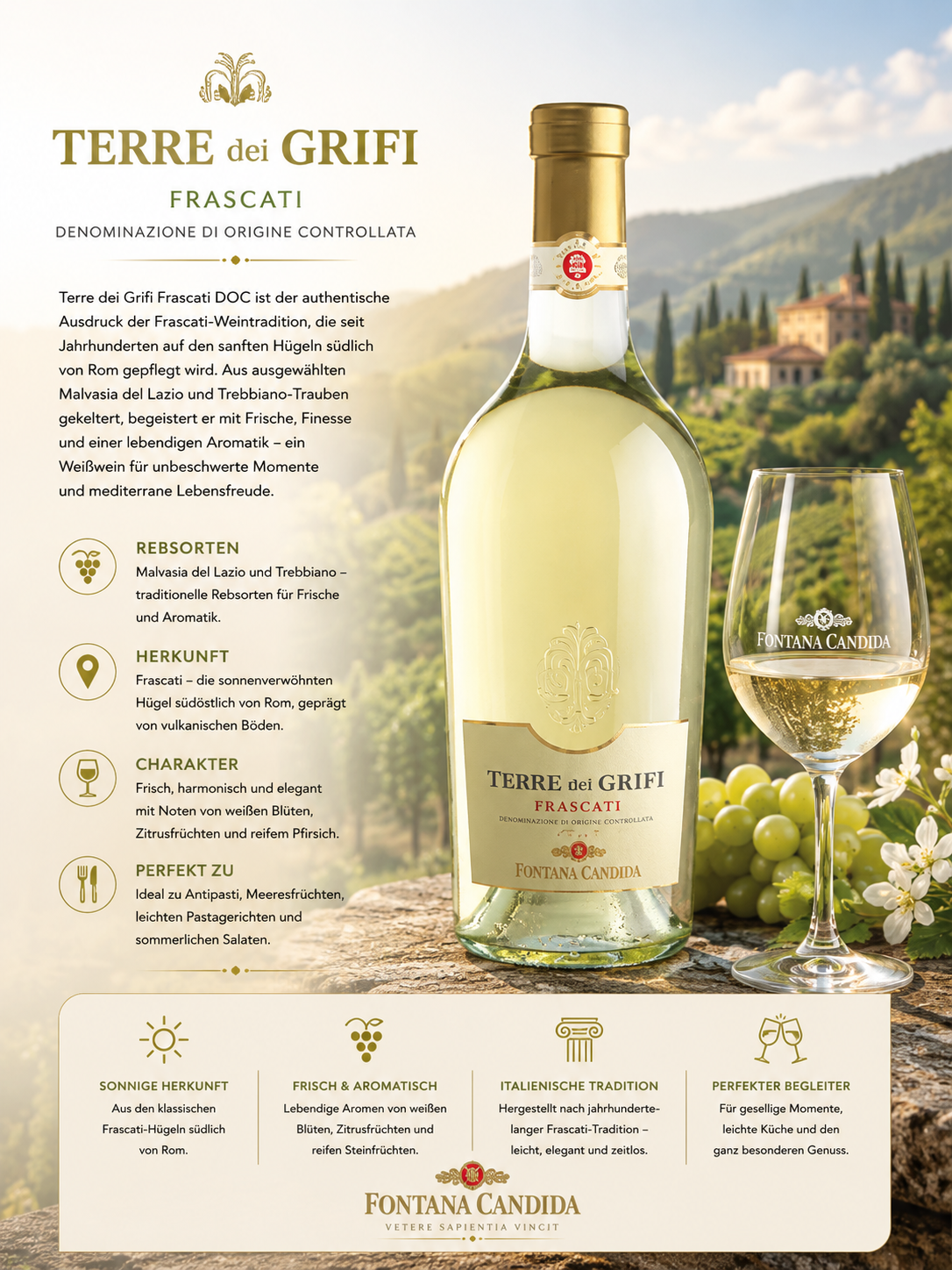 Weißwein, Flasche, Terre dei Grifi, Frascati, Weinglas