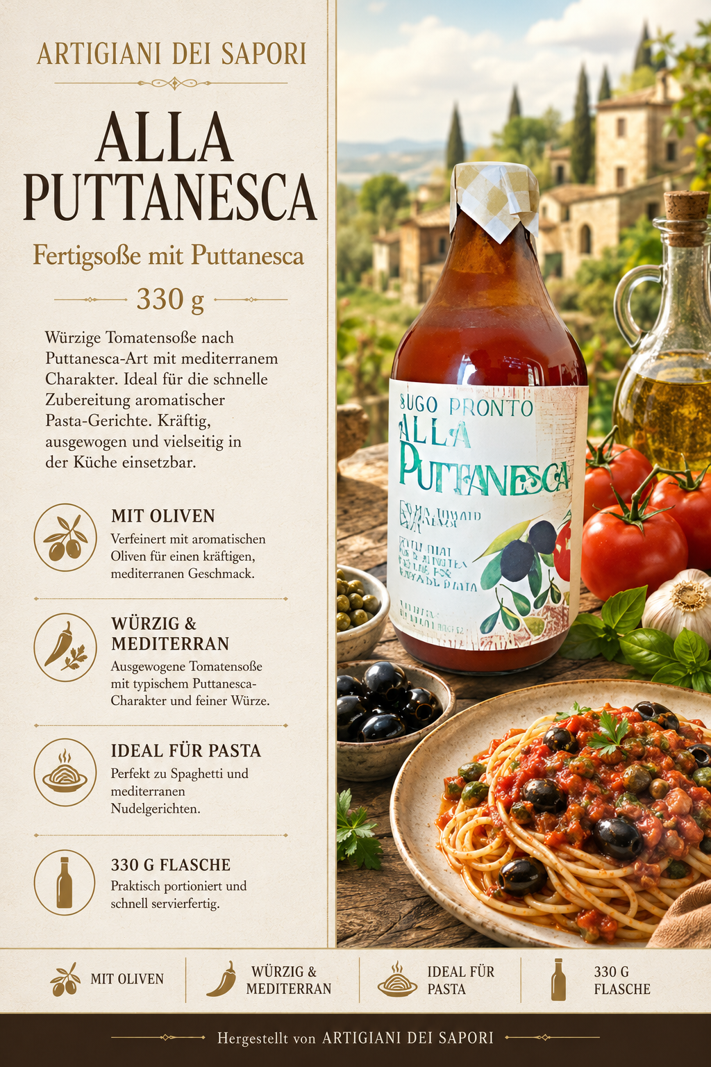 Puttanesca, Tomatensauce, Oliven, Pasta, Flasche