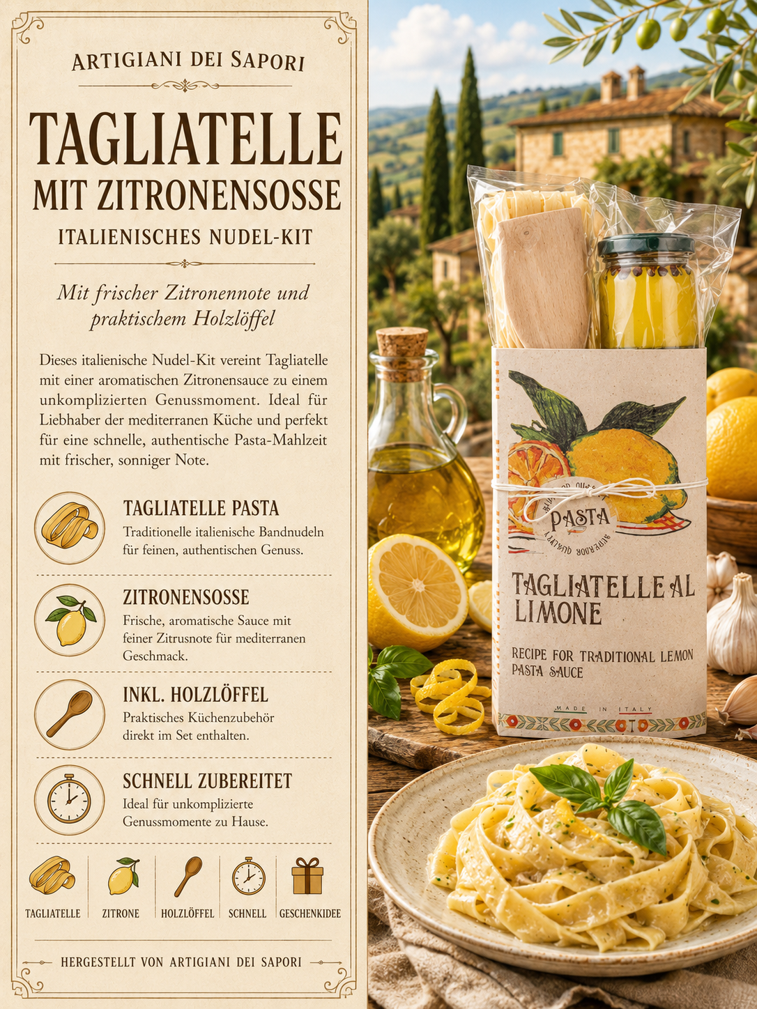 Tagliatelle, Pasta, Zitrone, Holzlöffel, Italienische Nudeln