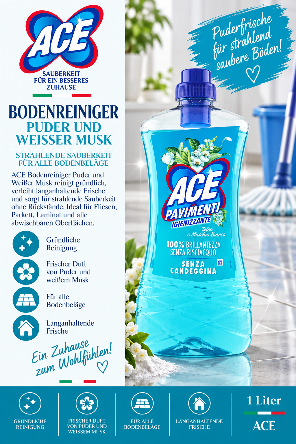 Putzmittel, Spülmittel, Bodenreiniger, Puder und Weißer MusK, 1 Liter