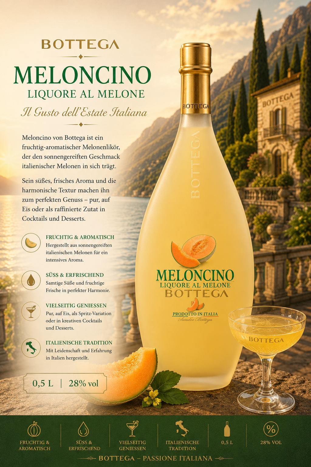 Meloncino, Melone al melone, Liqueur, Flasche Bottega, 0,5 L