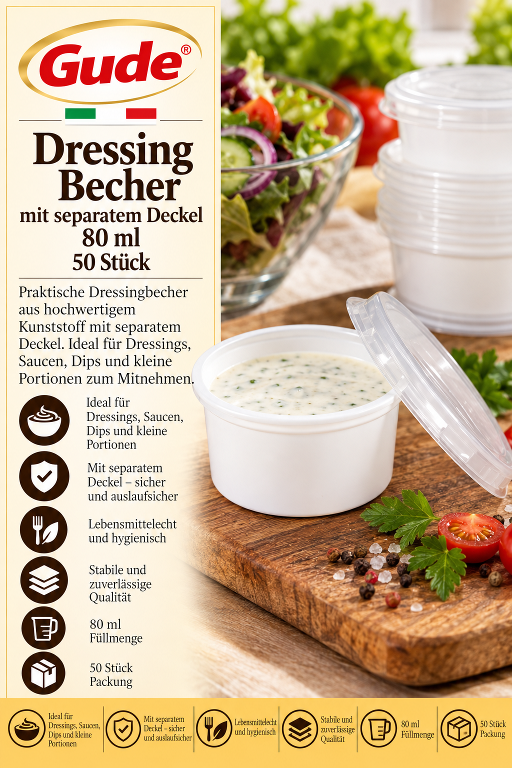 Dressingsbecher, Kunststoff, Deckel, 80 ml, 50 Stück
