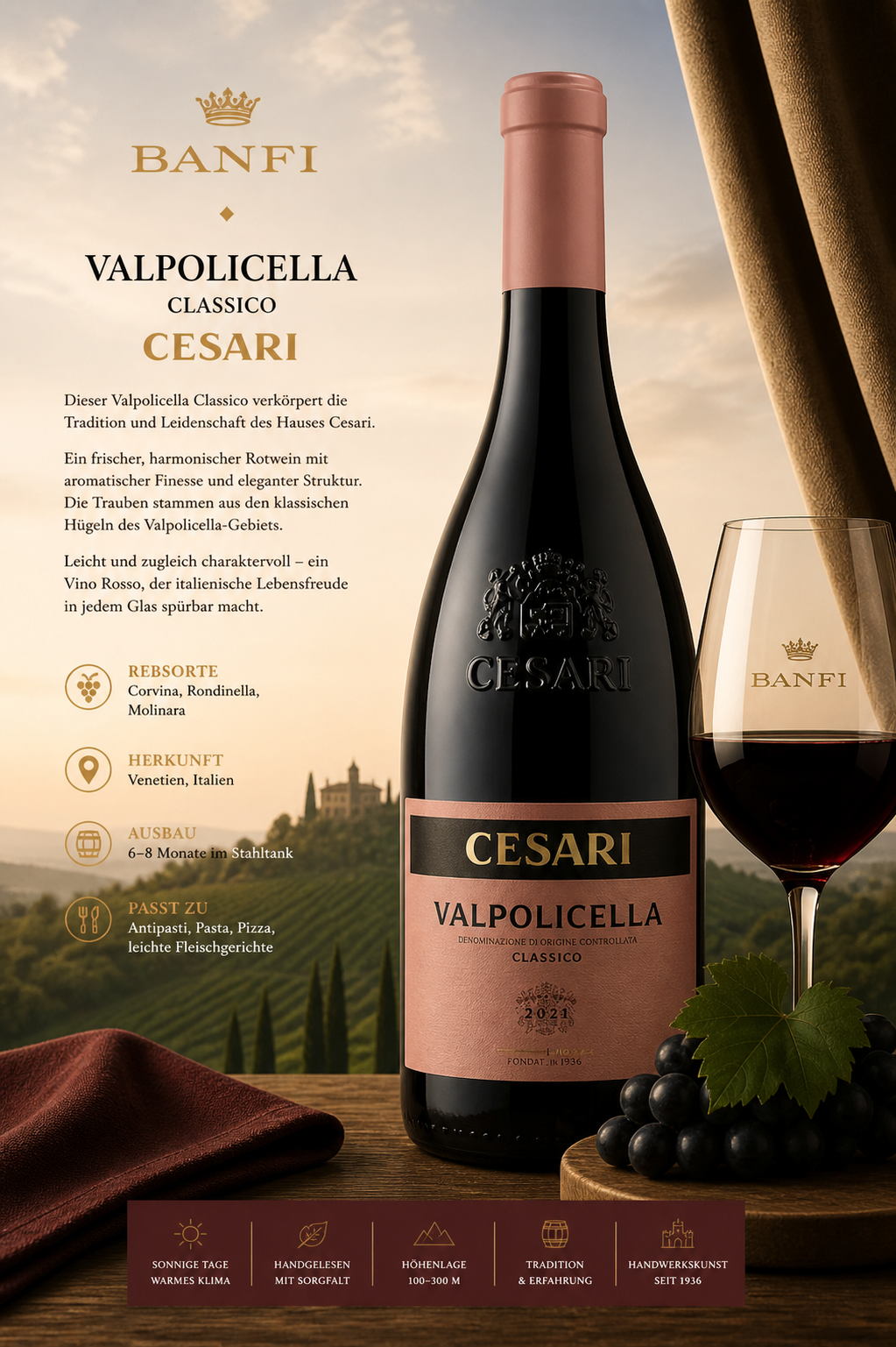 Rotwein, Valpolicella, Cesari, Glaswein, Bordeauxflasche