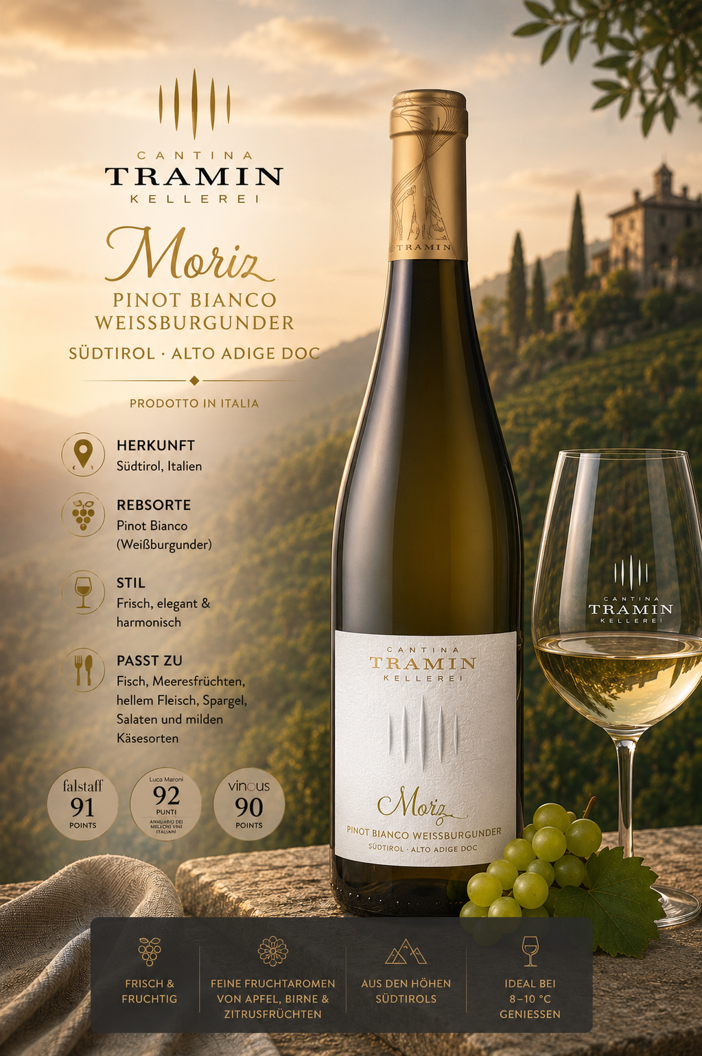 Weisswein, Pinot Bianco, Weinflasche, Kellerei Tramin, Weißburgunder