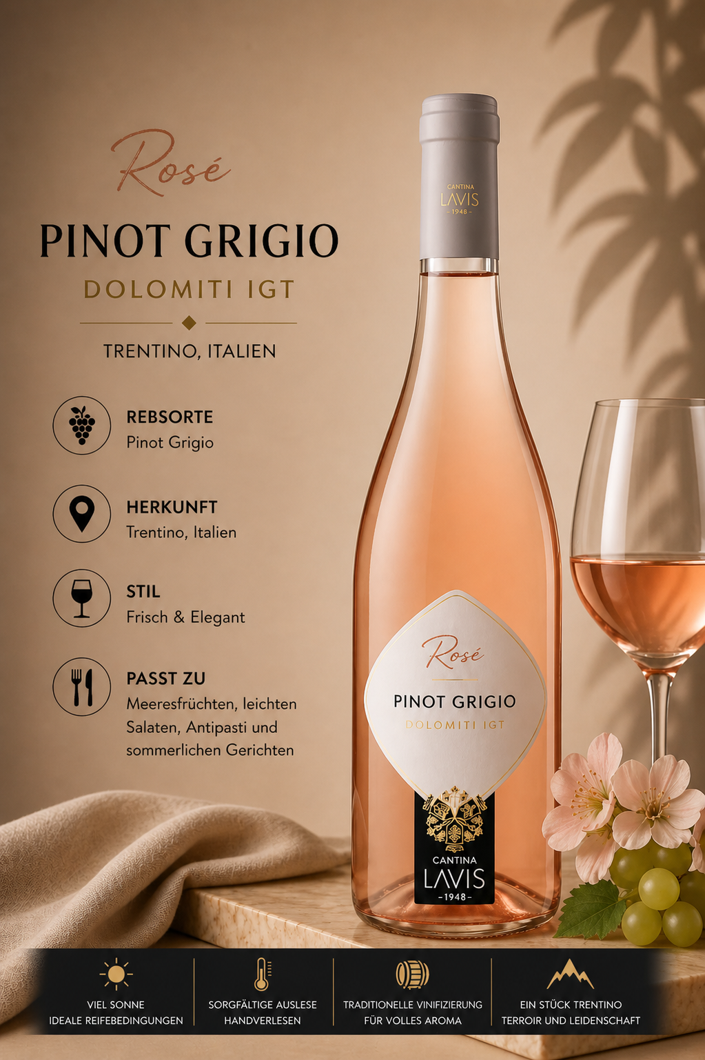 rosé, pinot grigio, weinflasche, dolomiti igt, trentino italien