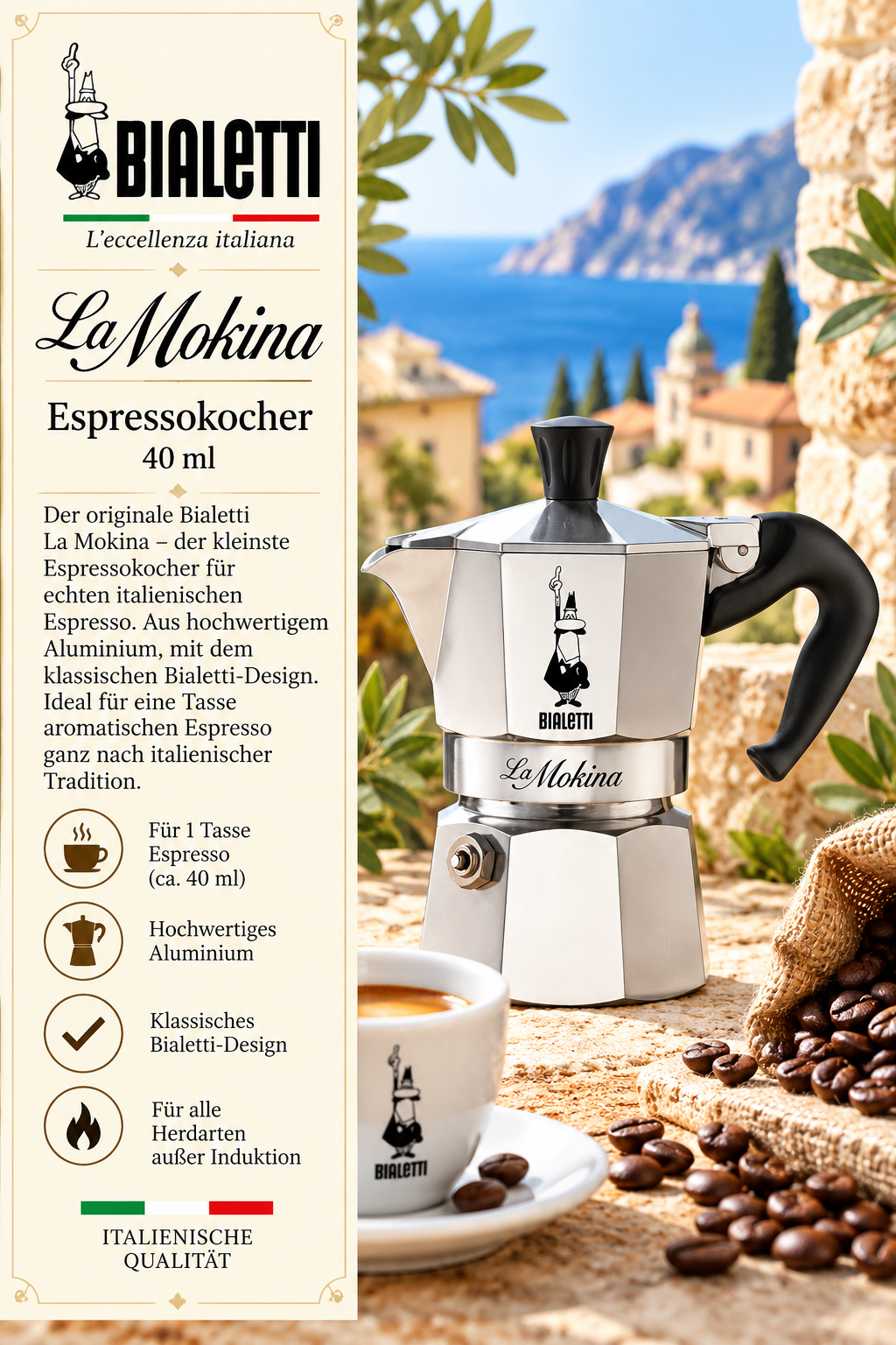 Espressokocher, Aluminium, Barista, La Mokina, 40 ml