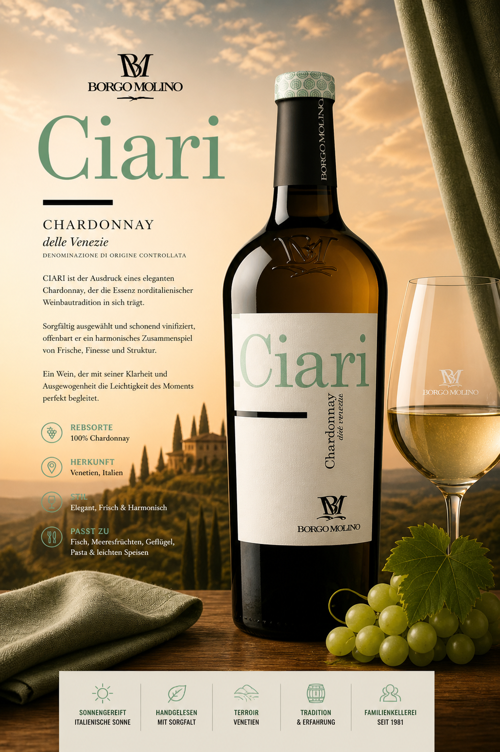Chardonnay, Weinflasche, Ciari, Wein-Label, Bourg-Molino