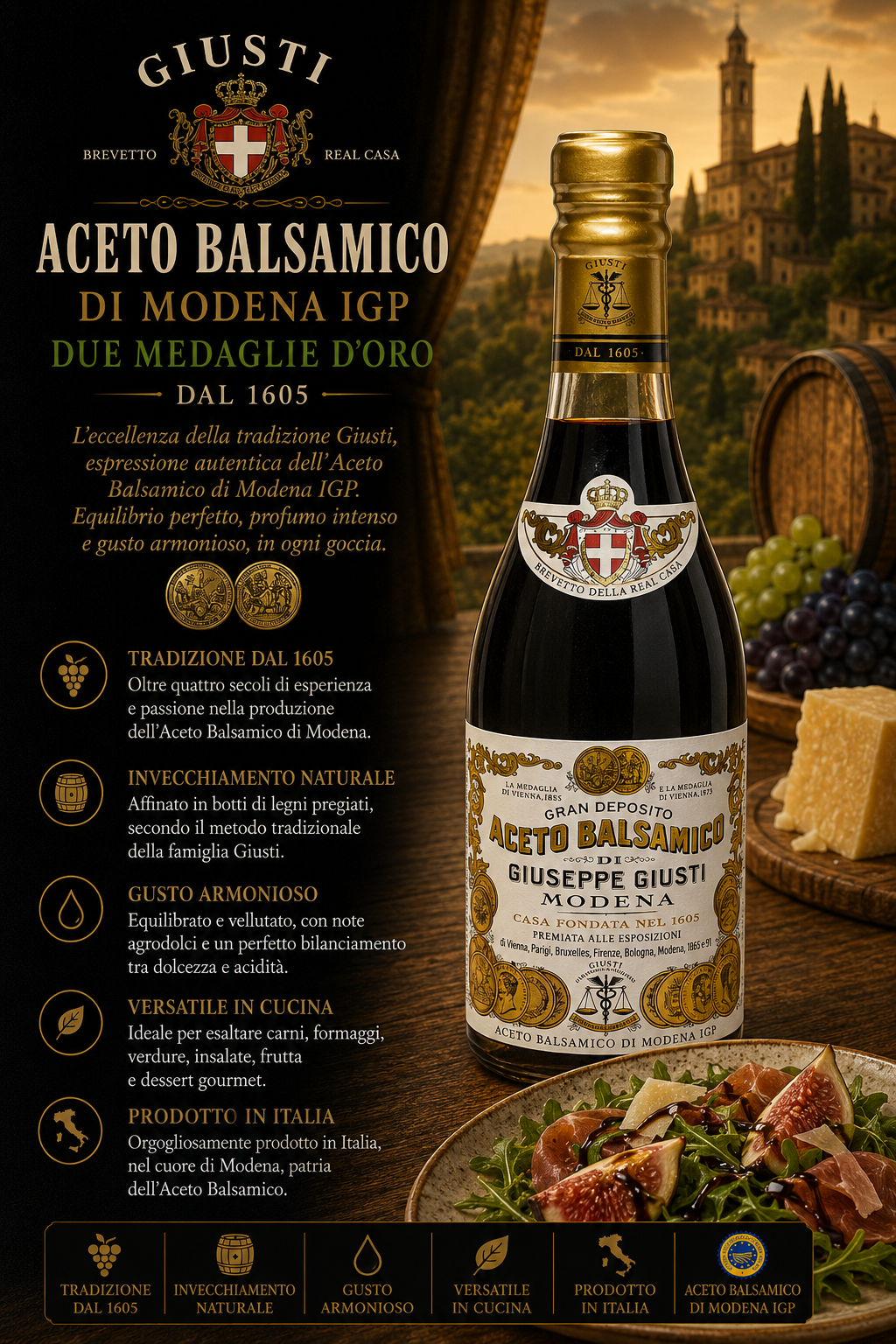 Aceto Balsamico, Modena IGP, Flasche, Etikett, Korkverschluss