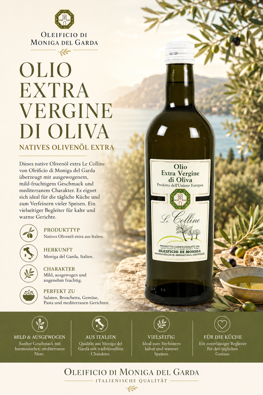 Olivenöl, ExtraVergine, Olivenflasche, Italienische Oliven, Grüne Etikette