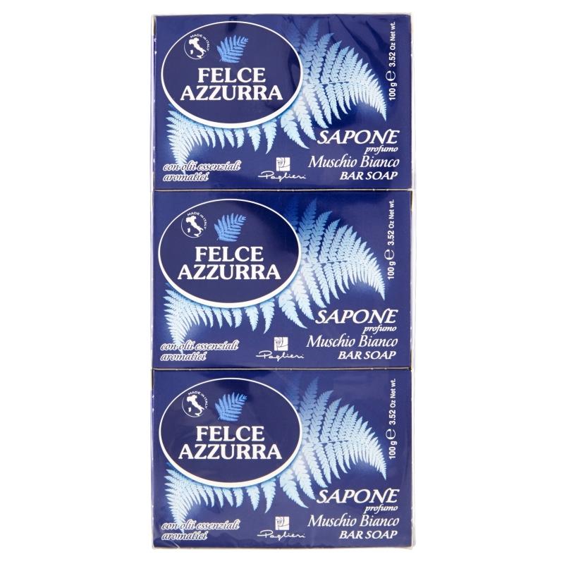 soap, bar soap, weiße musk, farnmuster, blaues verpackung