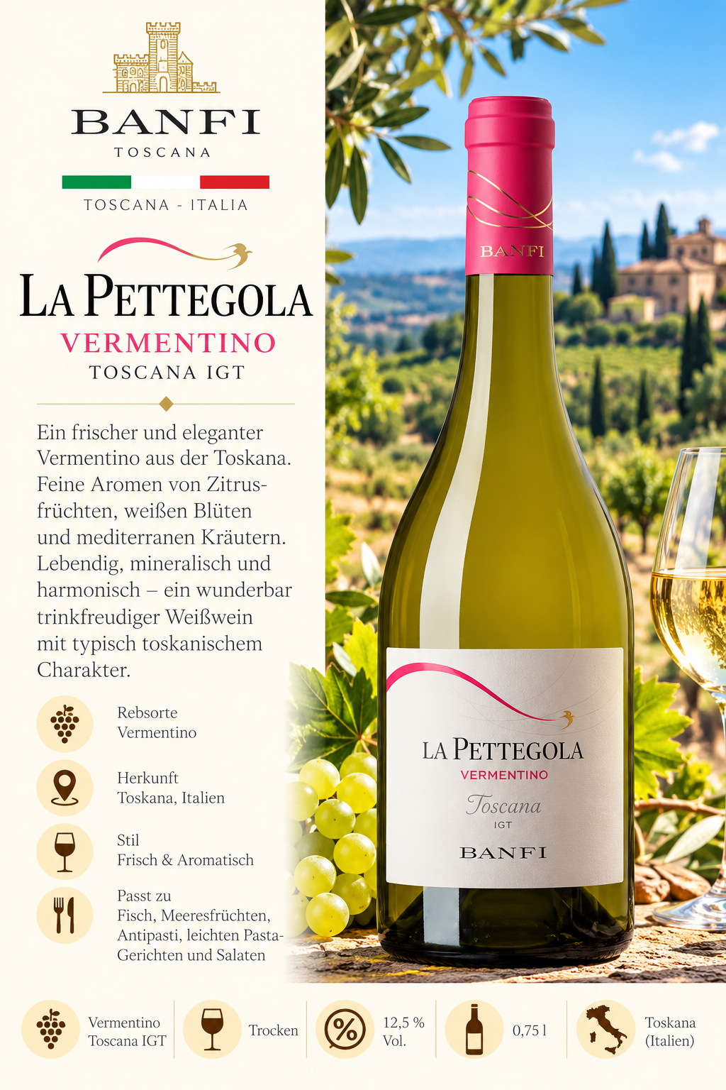 Vermentino, Weißwein, Toscana, Vermentino Toscana IGT, Weinflasche