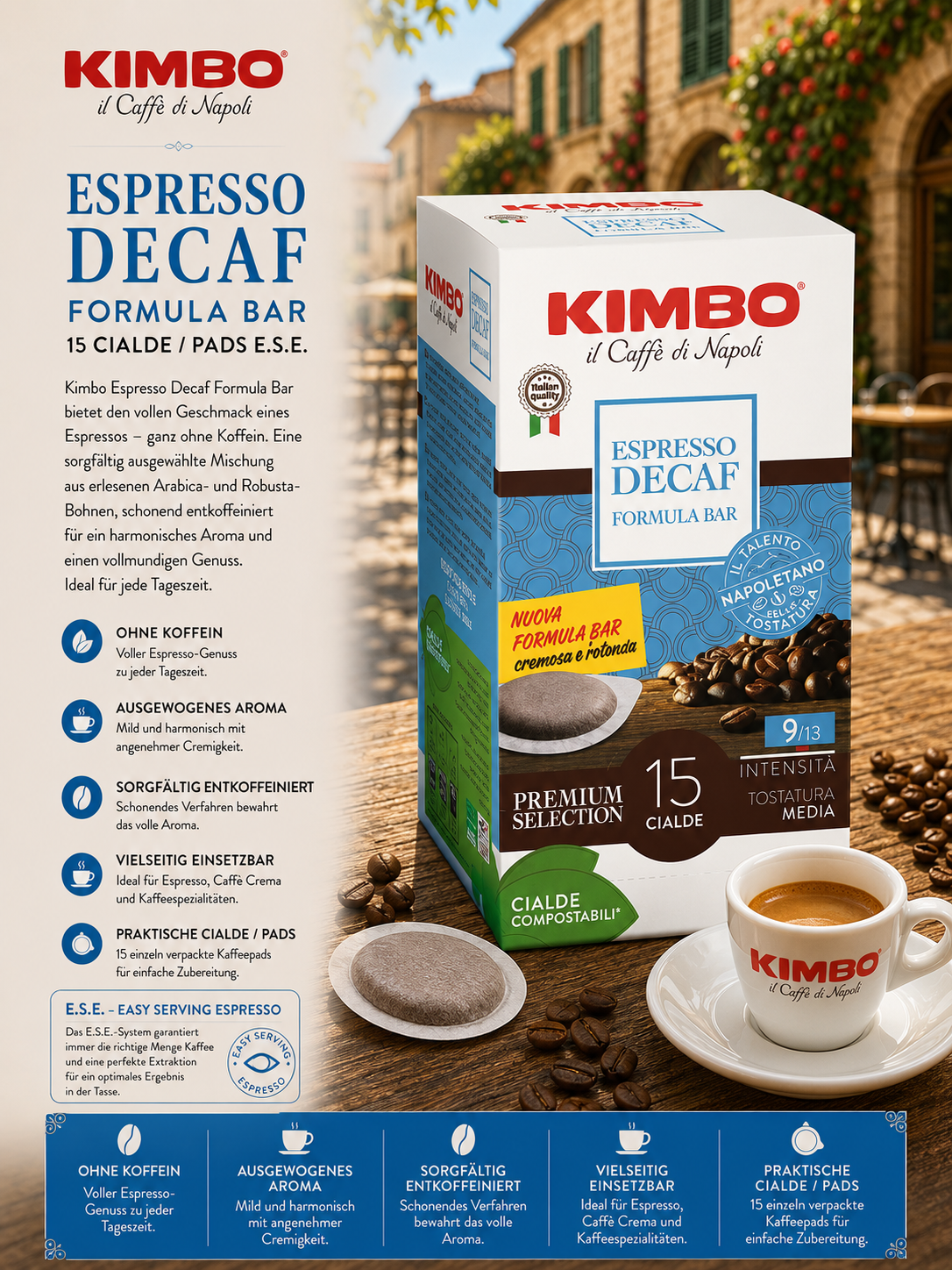 Espresso decaf, Formel Bar, KIMBO, Kaffeepads, Arabica Bohnen