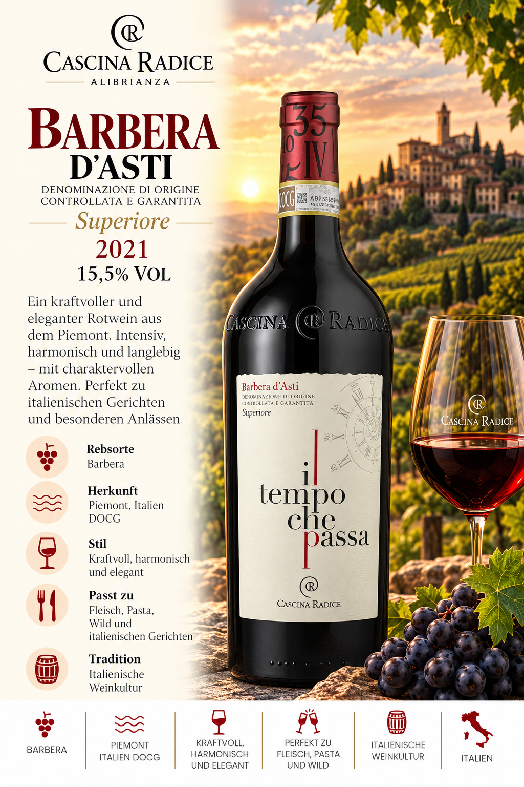 Barbera d'Asti, Rotwein, Italienischer Wein, Piemont, 2019/2021 Hinweis