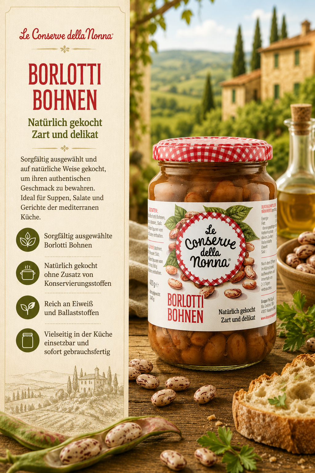 Borlotti Bohnen, Glas Jar, Naturbelassen, Italienische Küche, Gartenfrisch