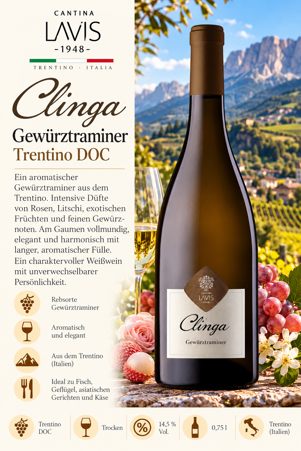 Weißwein, Gewürztraminer, Clinga, Trentino DOC, Flasche