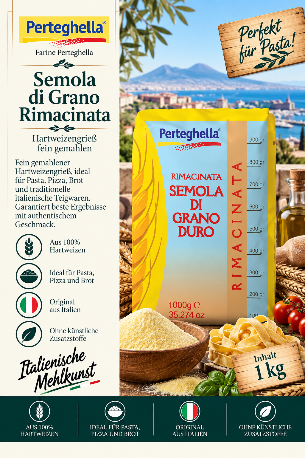 Semola di Grano Rimacinata, Hartweizengrieß, Italienische Meh Kraft?, Pasta-Zutat, 1 kg Packung