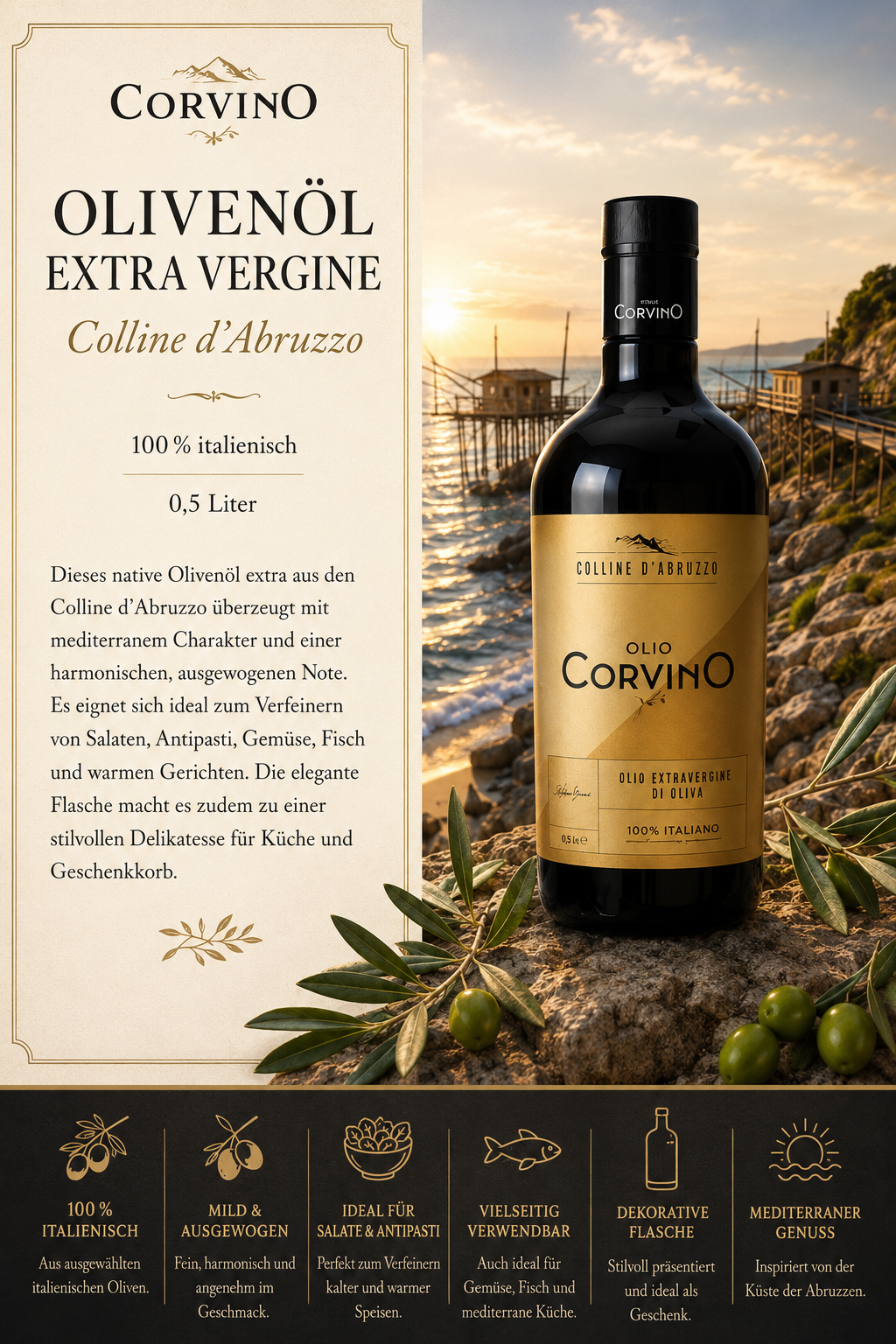 Olivenöl, extravagine, Colline d'Abruzzo, italienisch, Flasche schwarz
