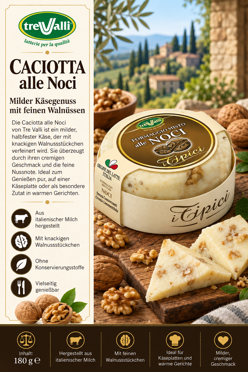 Käse, Käseware, Walnuss, Nusskäsespezialität, Italienischer Käse