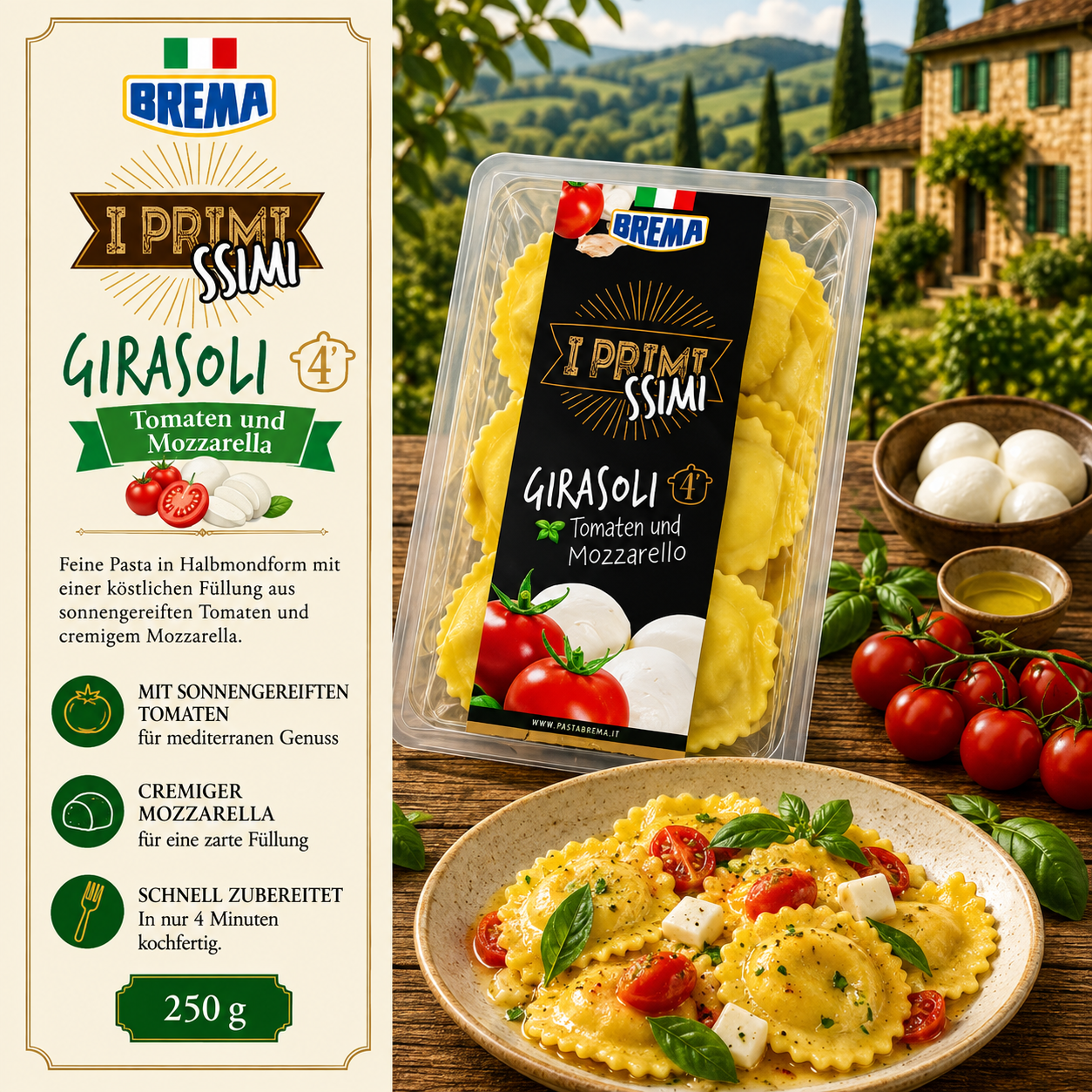 Girasoli, Tomaten, Mozzarella, Pasta, Tagliatelle