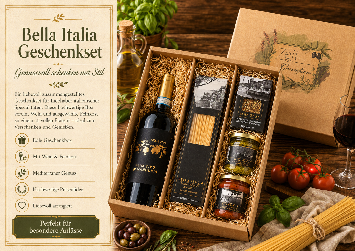 Geschenkset, Wein, Pasta, Spaghetti, Olivenöl
