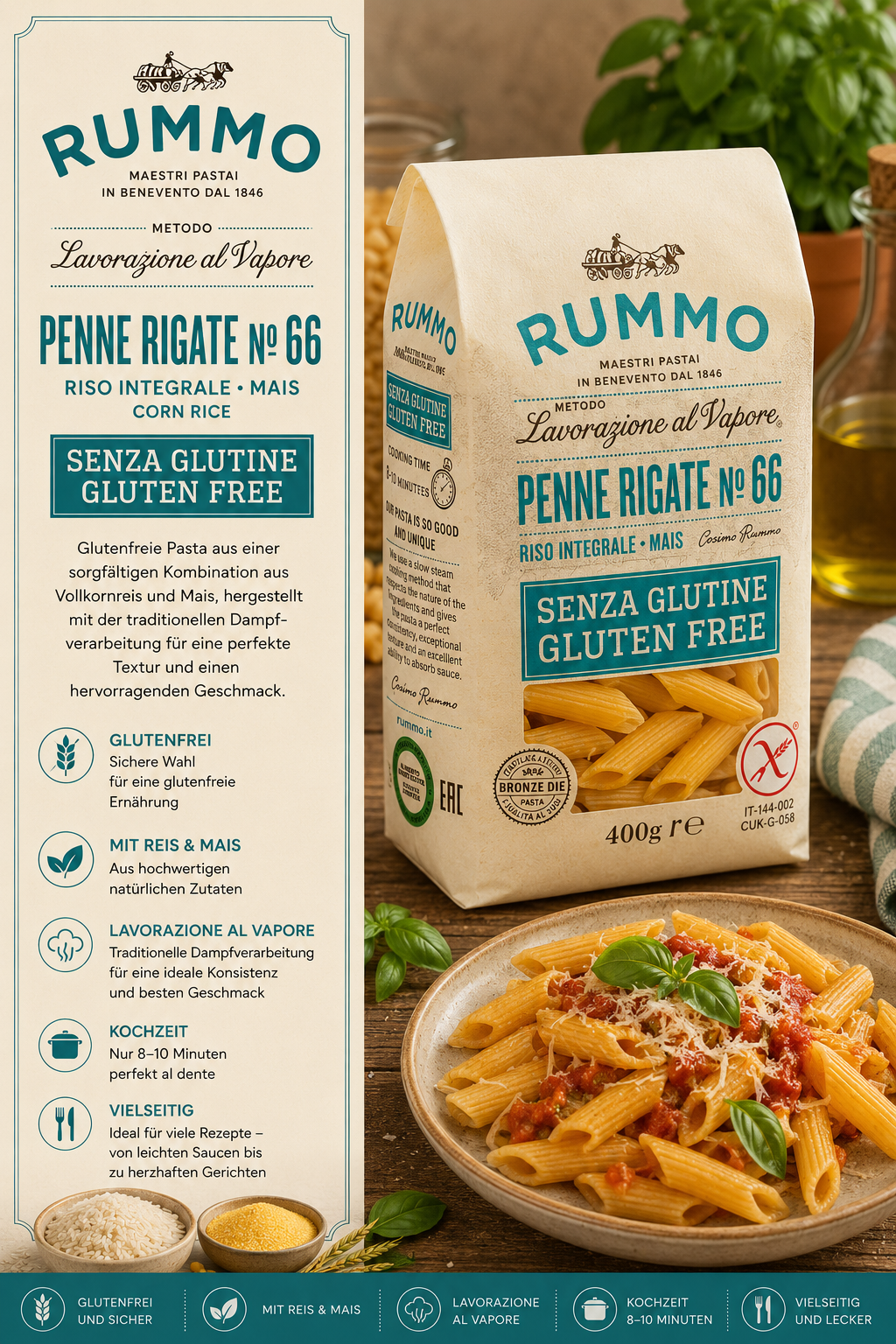 Pasta, Penne Rigate, Glutenfrei, Reis und Mais, Pasta glutenfrei