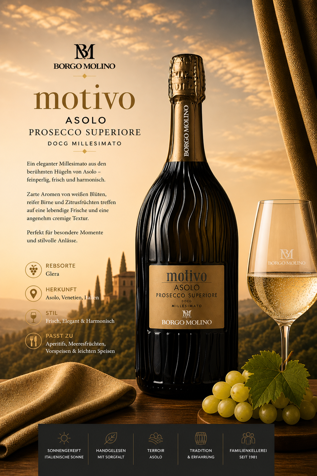 Prosecco, Asolo, Flasche, Glas, Wein