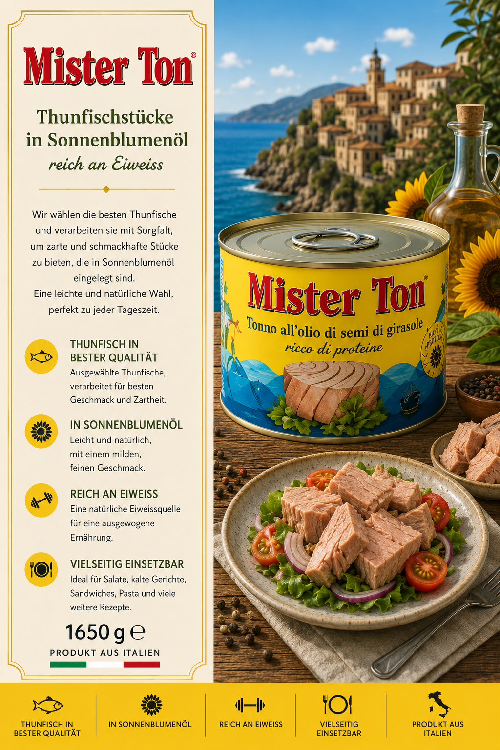 Thunfisch, Dosenfisch, Sonnenblumenöl, Tonno, Italienische Herkunft